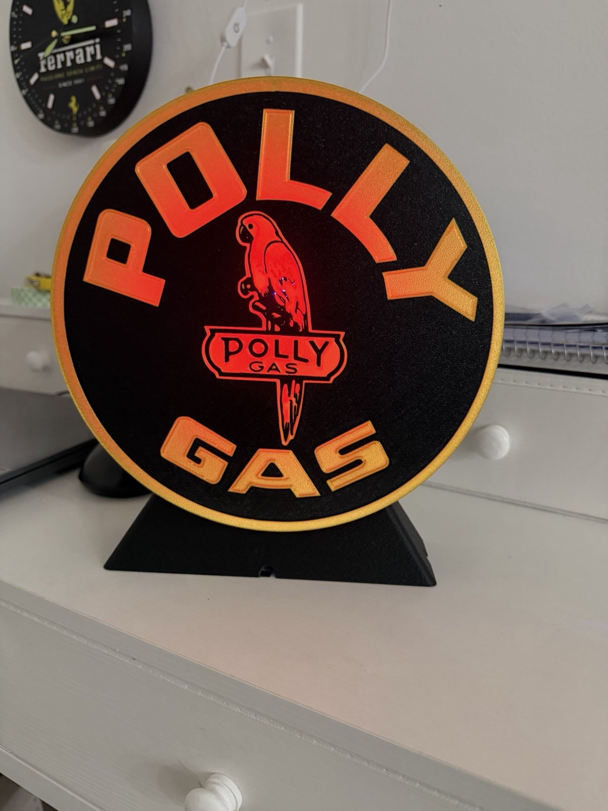 Polly Gas Gas & Oil Advertising Sign Lighted Round Parrot Logo Black Gold