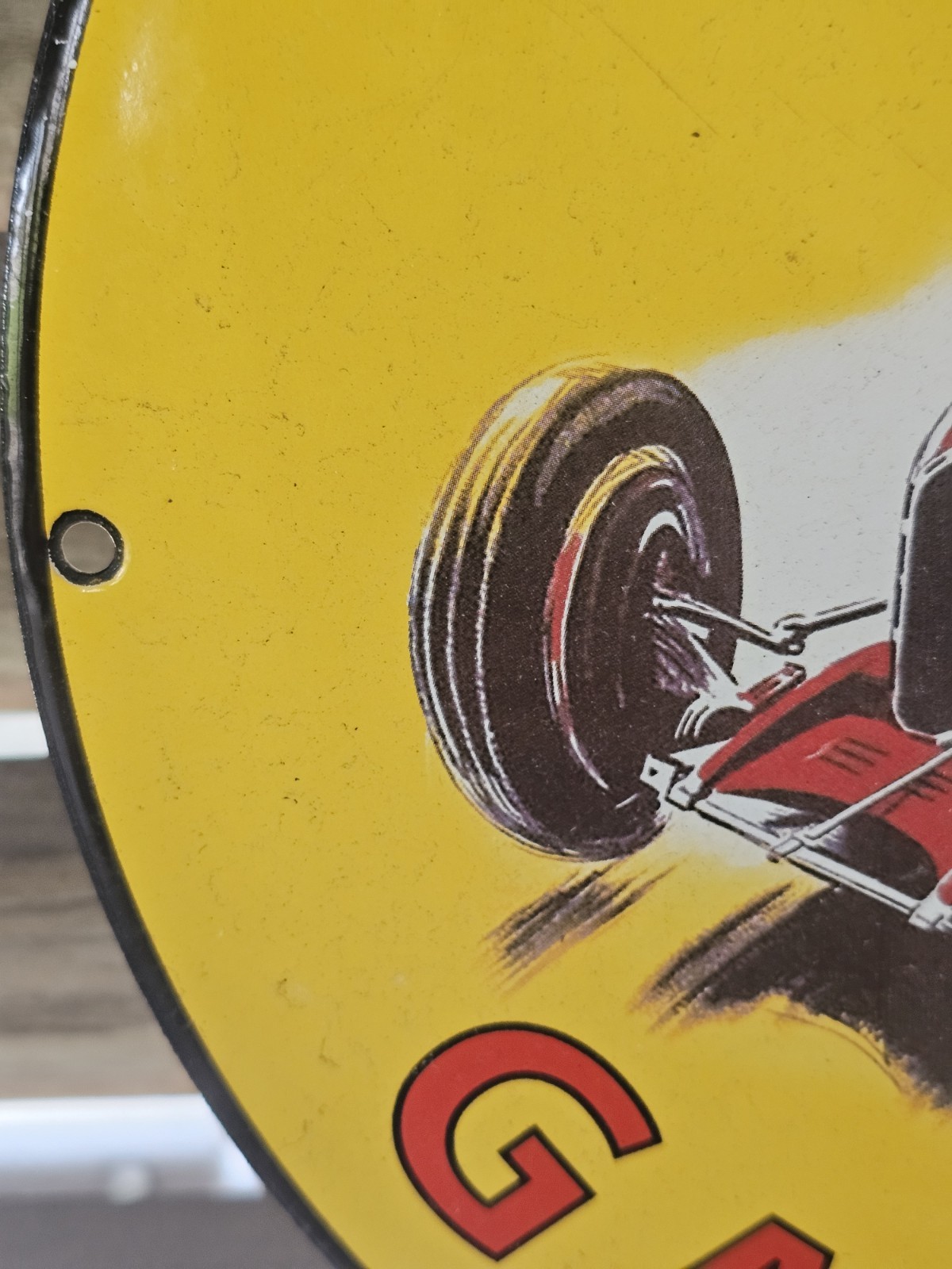 VINTAGE SHELL GASOLINE GREEN STREAK PORCELAIN SIGN RACE CAR MOTOR OIL 12″