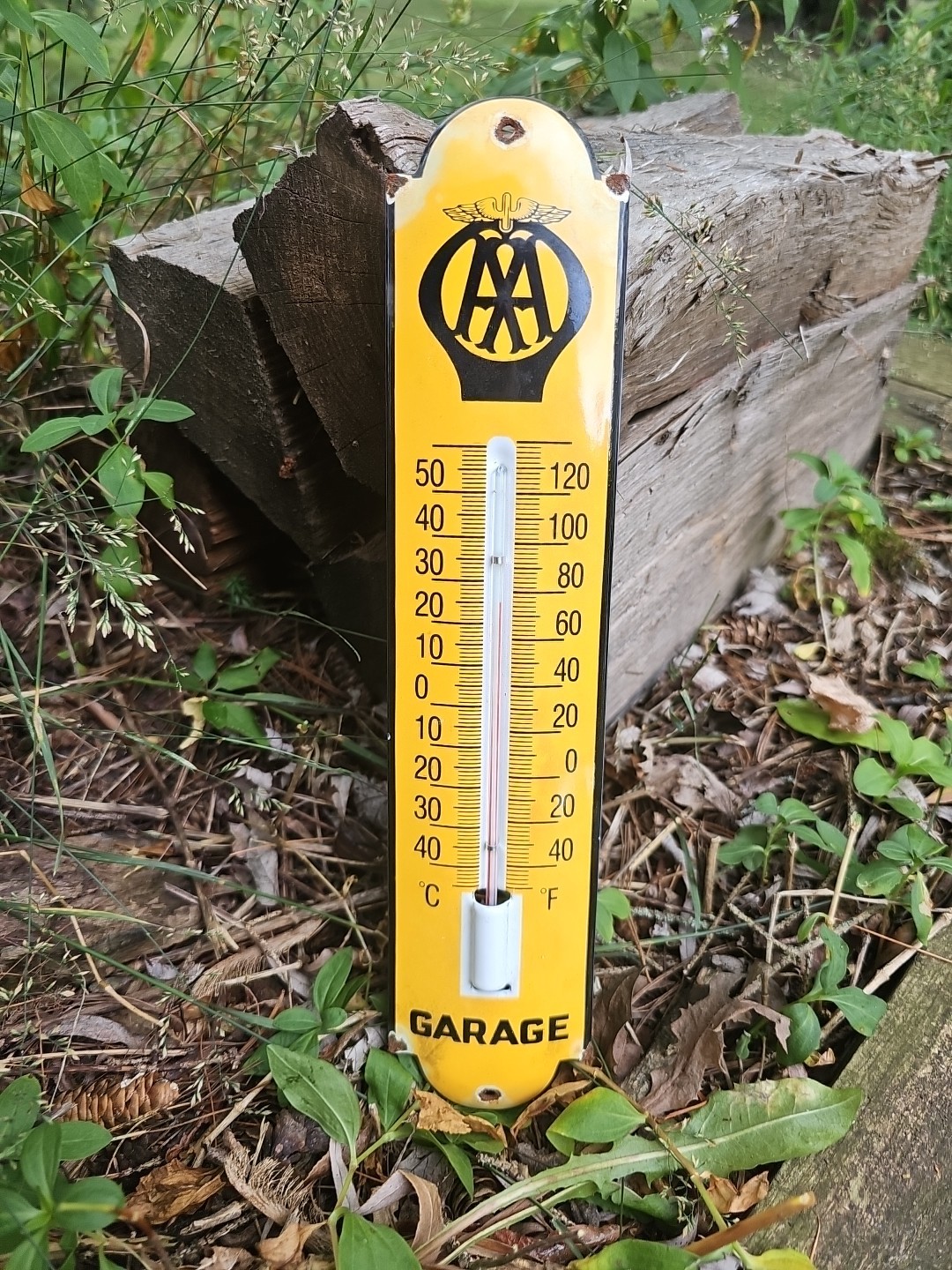 VINTAGE AA GARAGE THERMOMETER METAL PORCELAIN SIGN CAR GAS OIL TRUCK 12”
