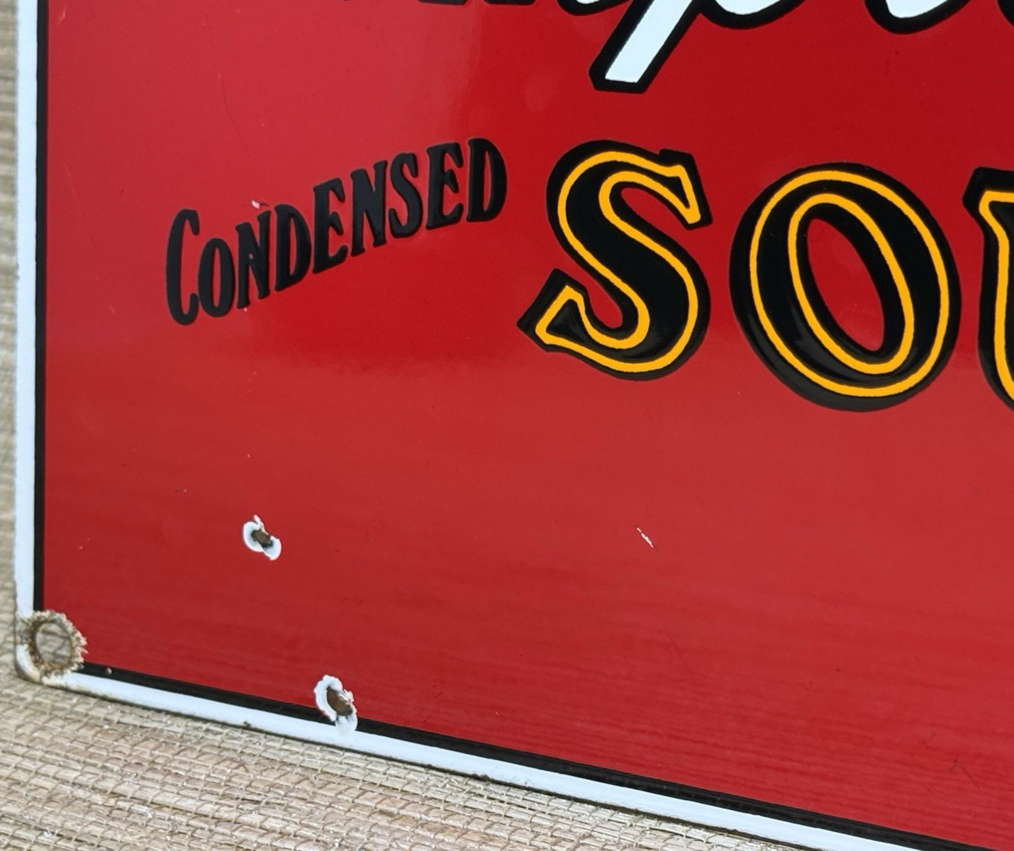 VINTAGE CAMPBELL’S SOUP PORCELAIN SIGN CRACKER GAS STATION GROCERY STORE OIL
