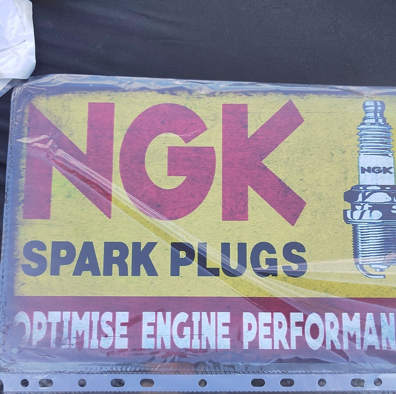 NGK Spark Plugs Metal Advertising Sign Gas & Oil Yellow Red Black White