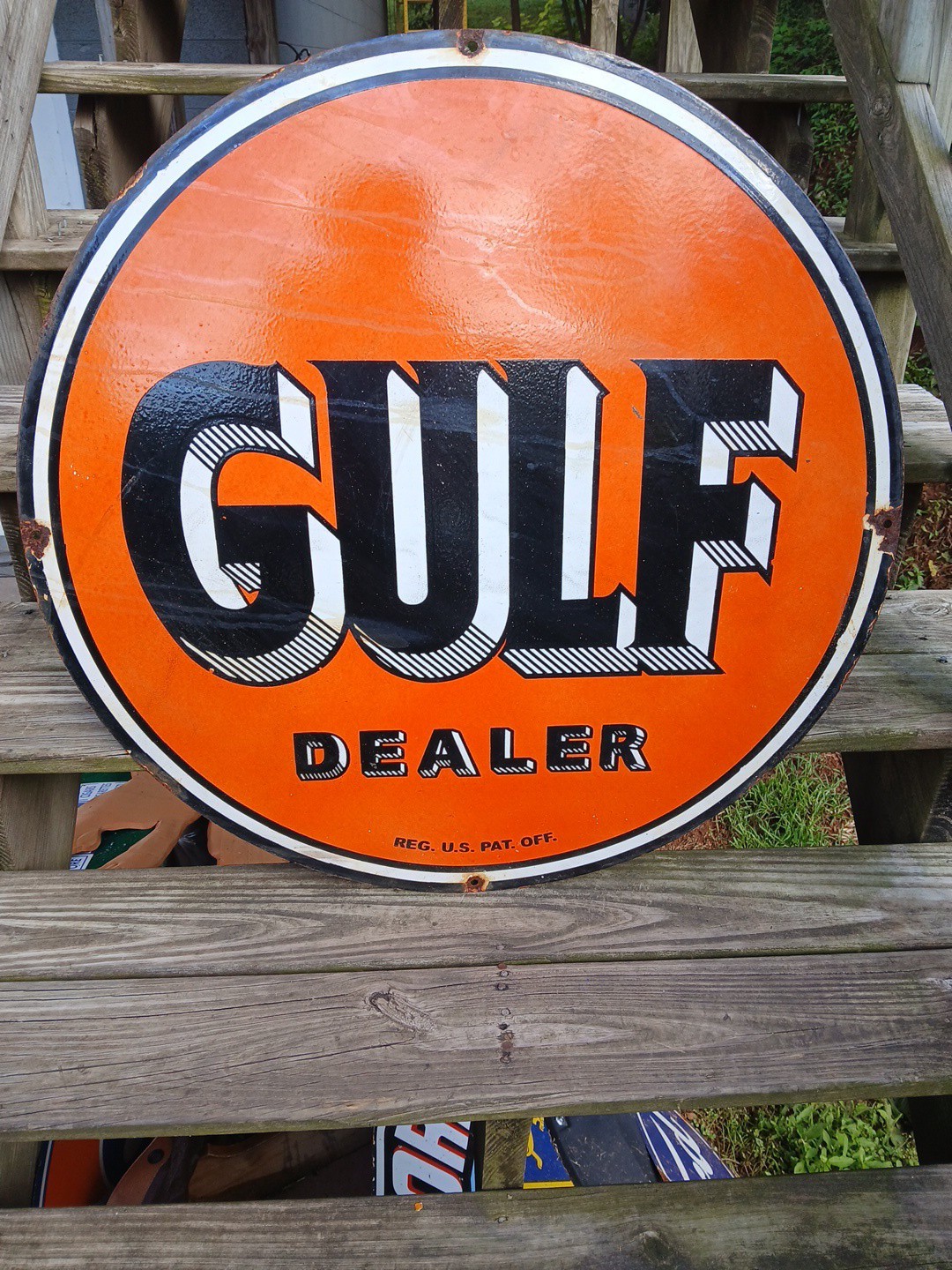 VTG LARGE GULF DEALER SIGN 30″ GAS OIL SERVICE STATION SERVICE PORCELAIN SIGN