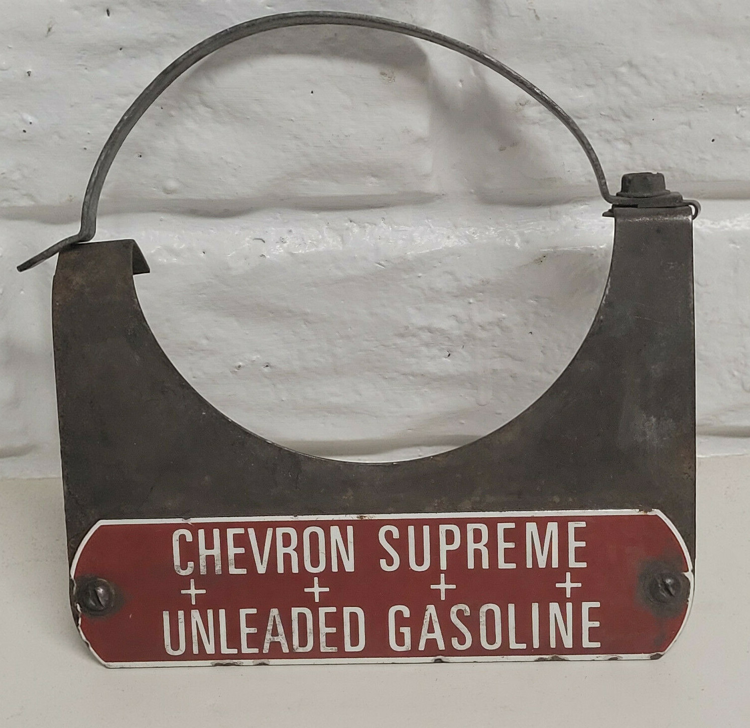 Vintage CHEVRON SUPREME UNLEADED GASOLINE Porcelain Gas Tag With BRACKET