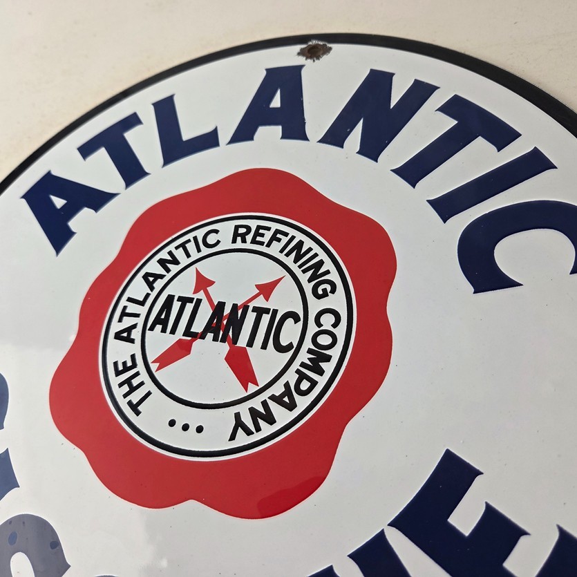 Vintage Atlantic Gasoline Sign – Gas Service Station Pump Porcelain Sign