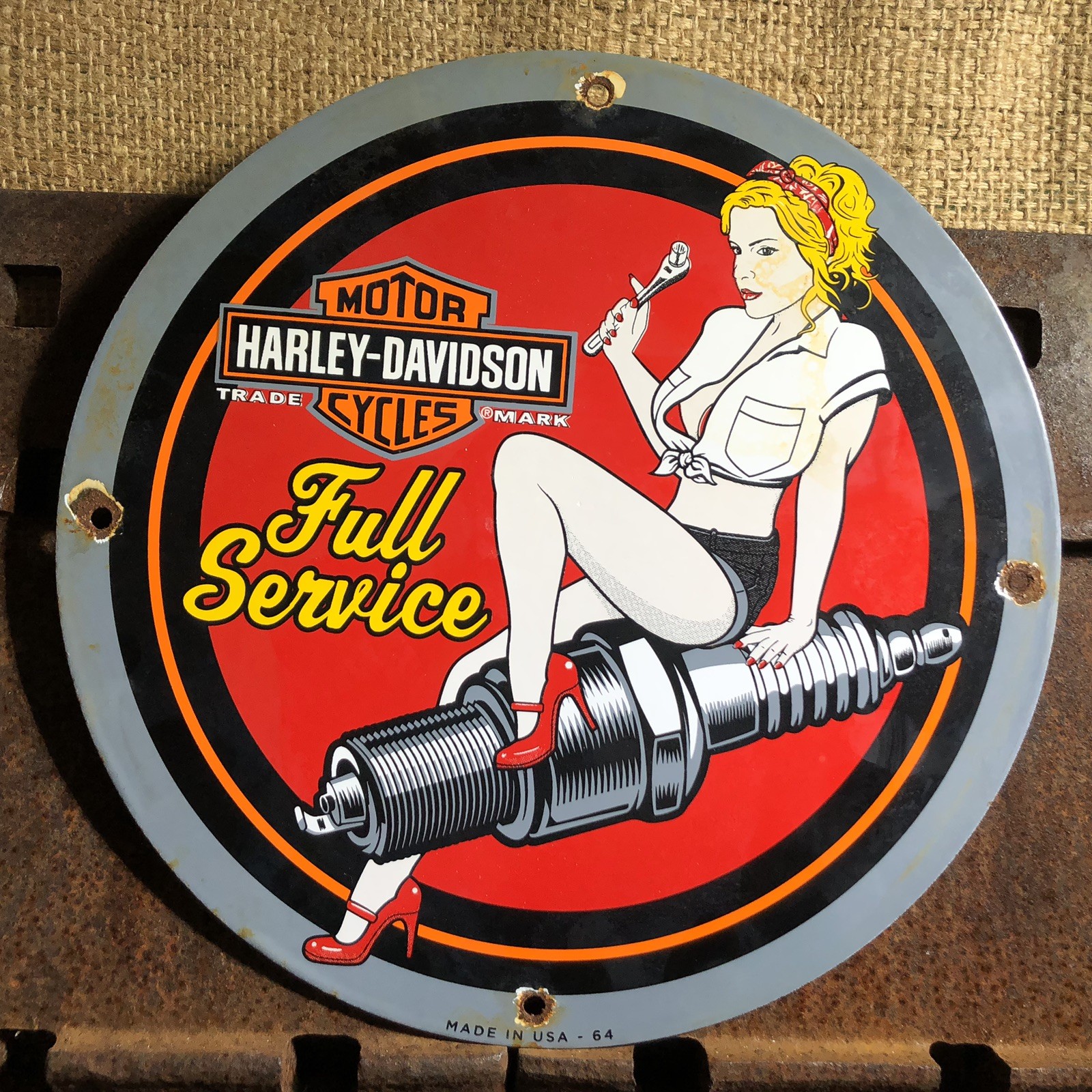 VINTAGE 1964 DATED HARLEY DAVIDSON MOTORCYCLES PORCELAIN FULL SERVICE PINUP SIGN
