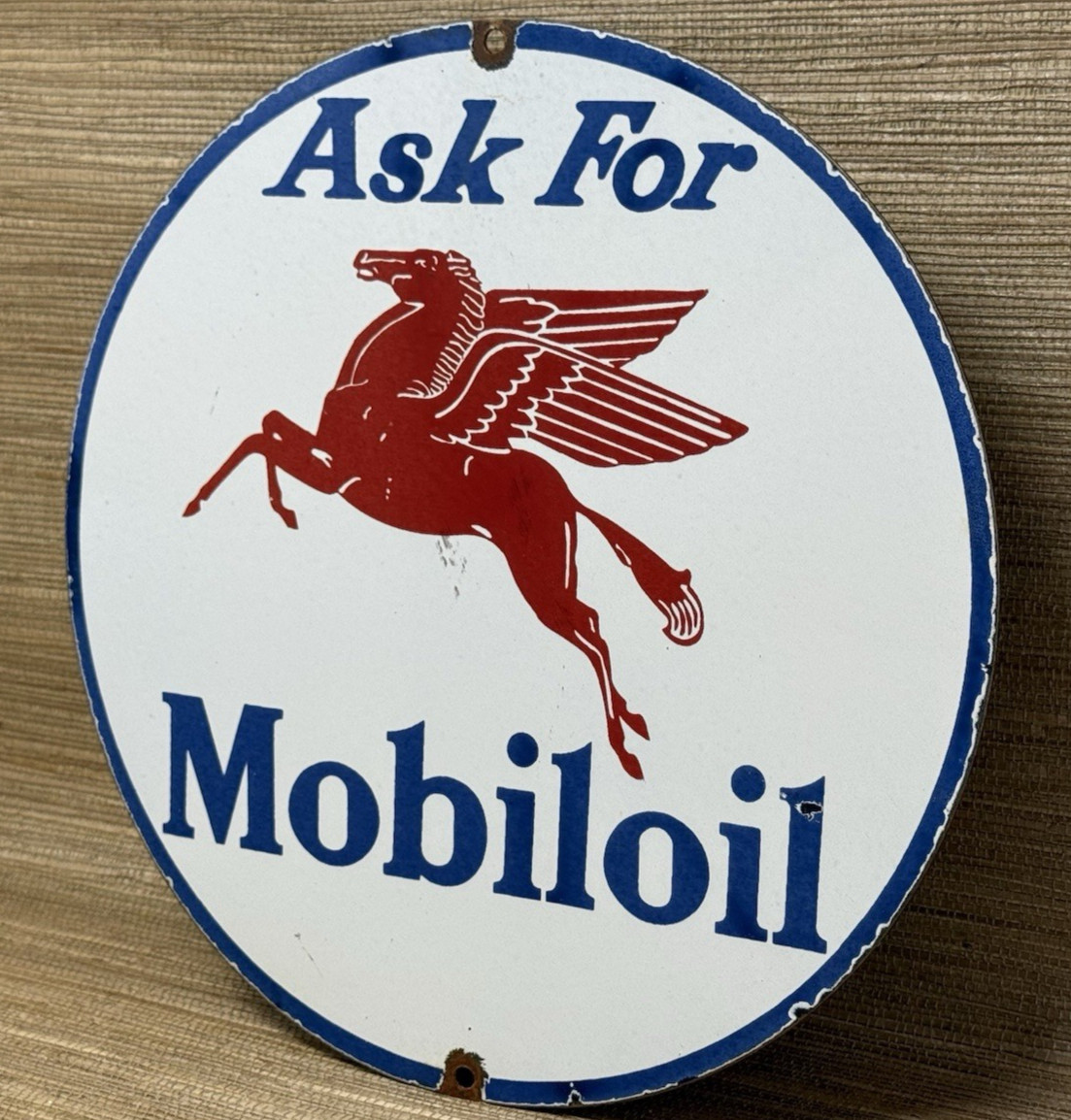 VINTAGE MOBILOIL PORCELAIN SIGN DEALERSHIP GAS STATION MOBIL MOTOR OIL PEGGY