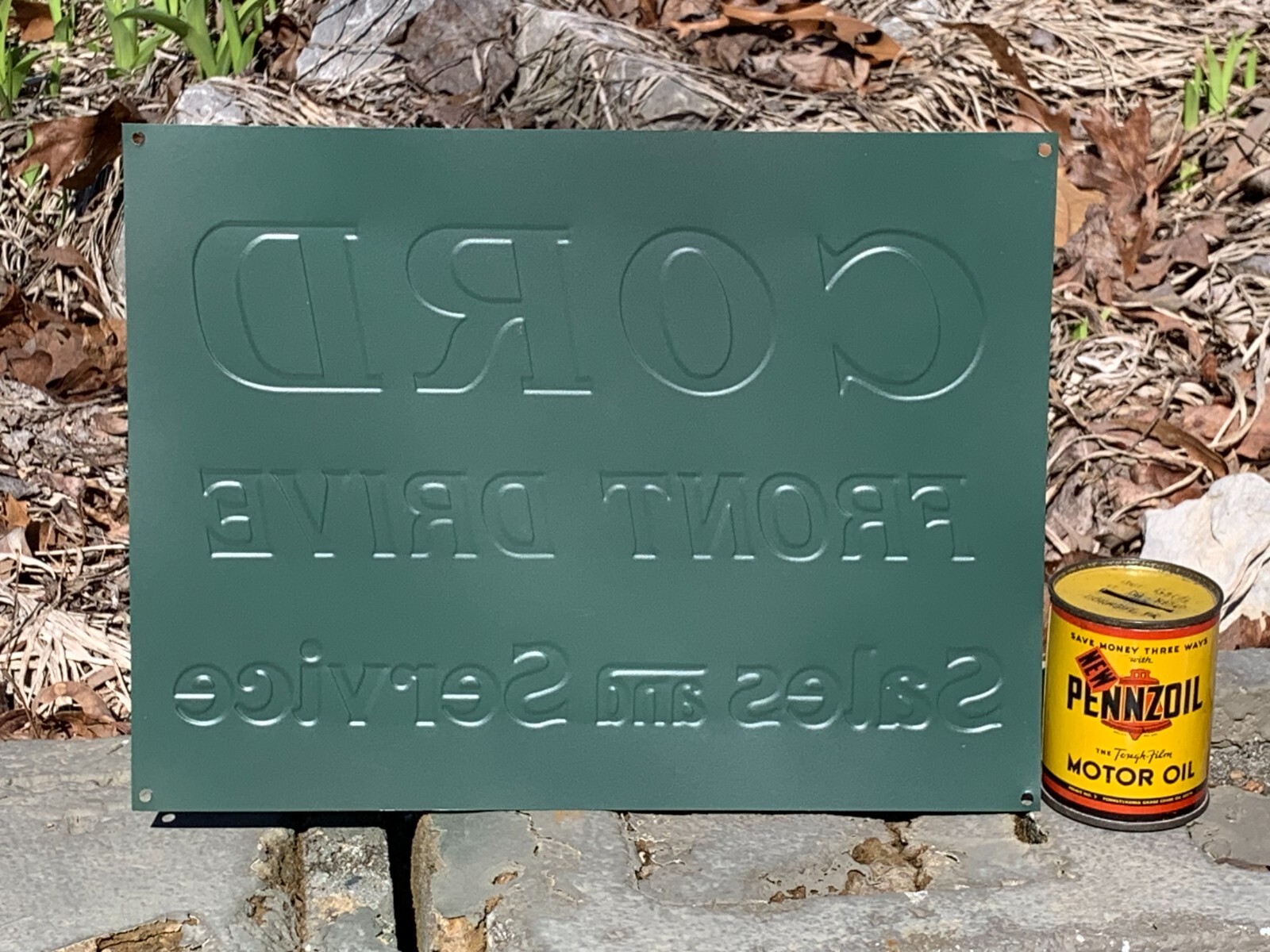 VINTAGE (CORD FRONT DRIVE SALES & SERVICE” EMBOSSED METAL SIGN, (11″x 8.5″) NICE