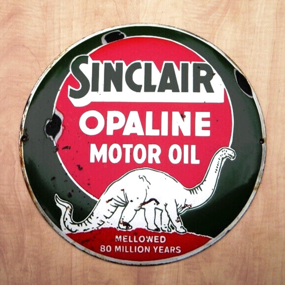 LARGE VTG SINCLAIR OPALINE PORCELAIN METAL SIGN 16″ OIL PUMP DINO GAS STATION