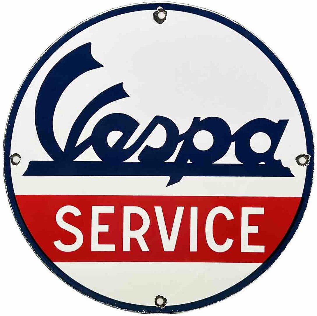VINTAGE VESPA SCOOTER PORCELAIN SIGN SALES AND SERVICE STATION PUMP PLATE MOPED