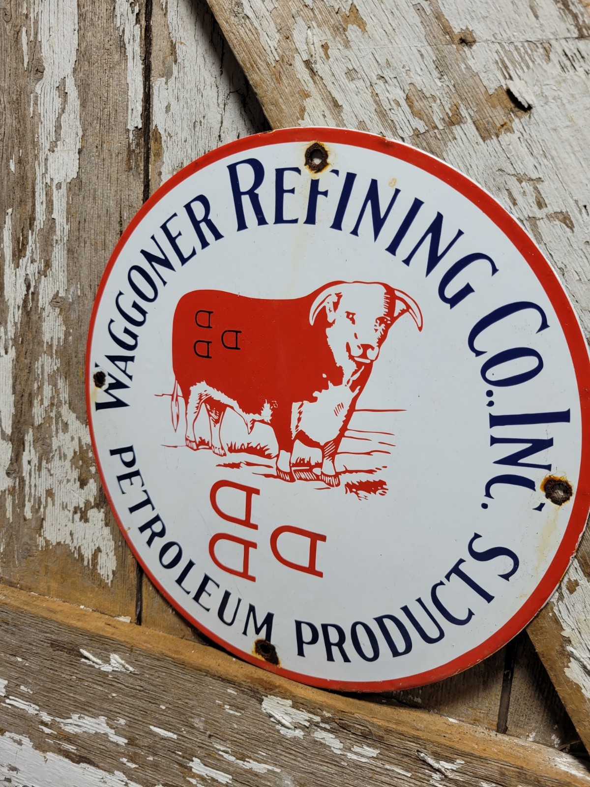 VINTAGE WAGGONER REFINING CO PORCELAIN SIGN PETROLEUM OIL CATTLE DDD RANCH STEER