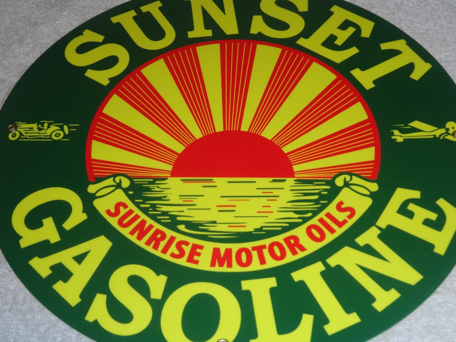 VINTAGE SUNRISE MOTOR OILS SUNSET GASOLINE 11 3/4″ PORCELAIN METAL AIRPLANE SIGN