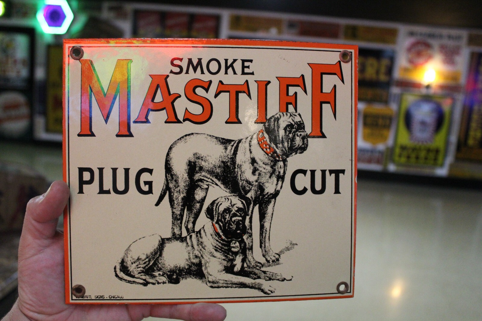 RARE SMOKE MASTIFF PLUG TOBACCO DEALER PORCELAIN METAL SIGN DOG CHEWING INDIAN