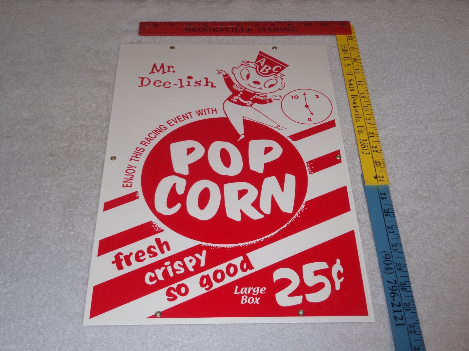 VINTAGE POPCORN 25 CENTS & MR. DEE-LISH 18″ PORCELAIN METAL GASOLINE & OIL SIGN!