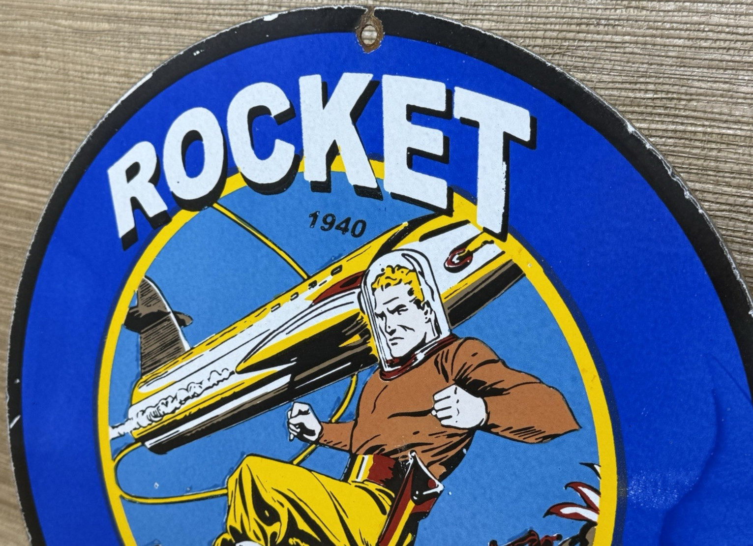 VINTAGE ROCKET MOTOR OIL PORCELAIN SIGN GAS STATION PUMP PLATE DENNIS THE MENACE