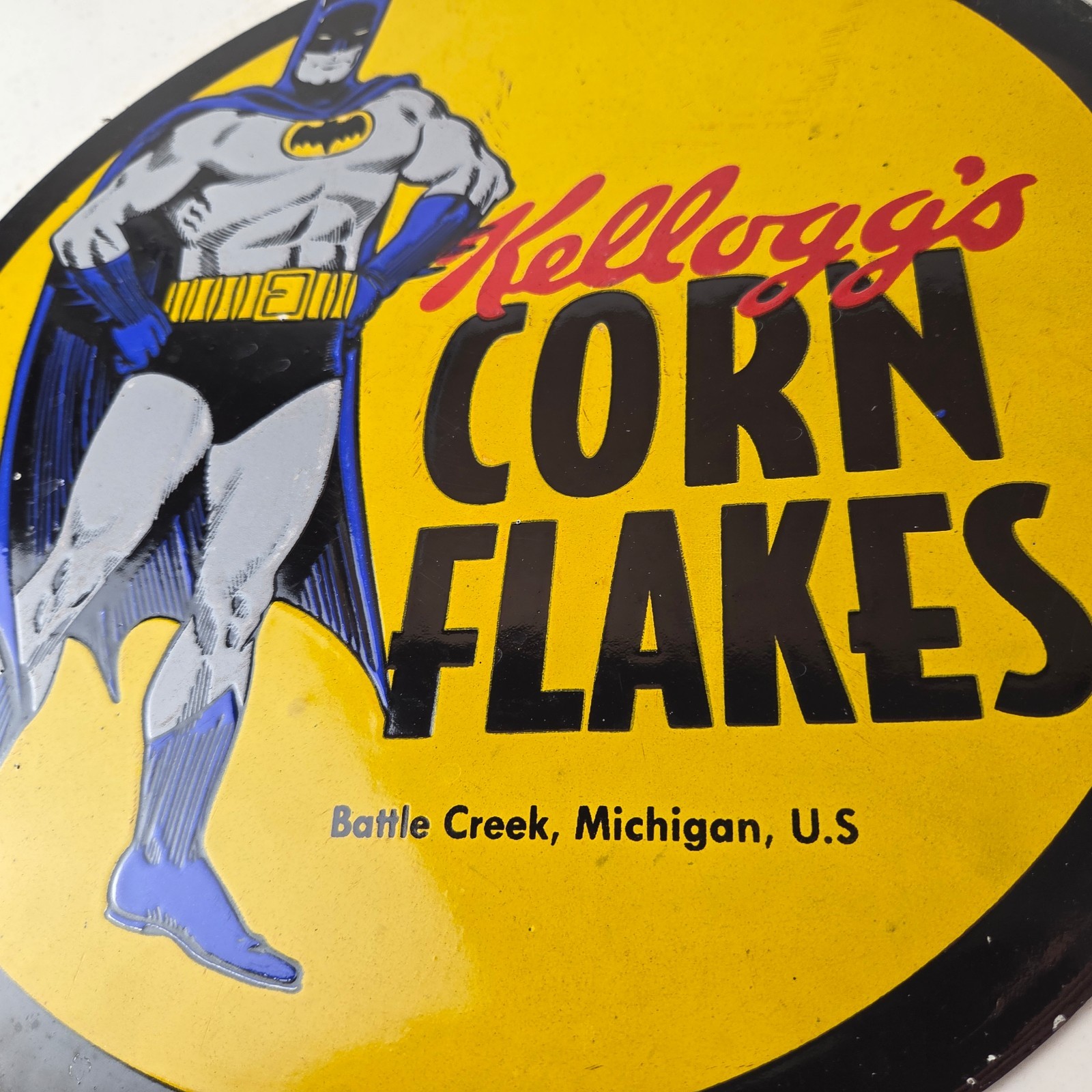 Vintage Kelloggs Sign – Corn Flakes Porcelain Batman Cereal Breakfast Gas Sign