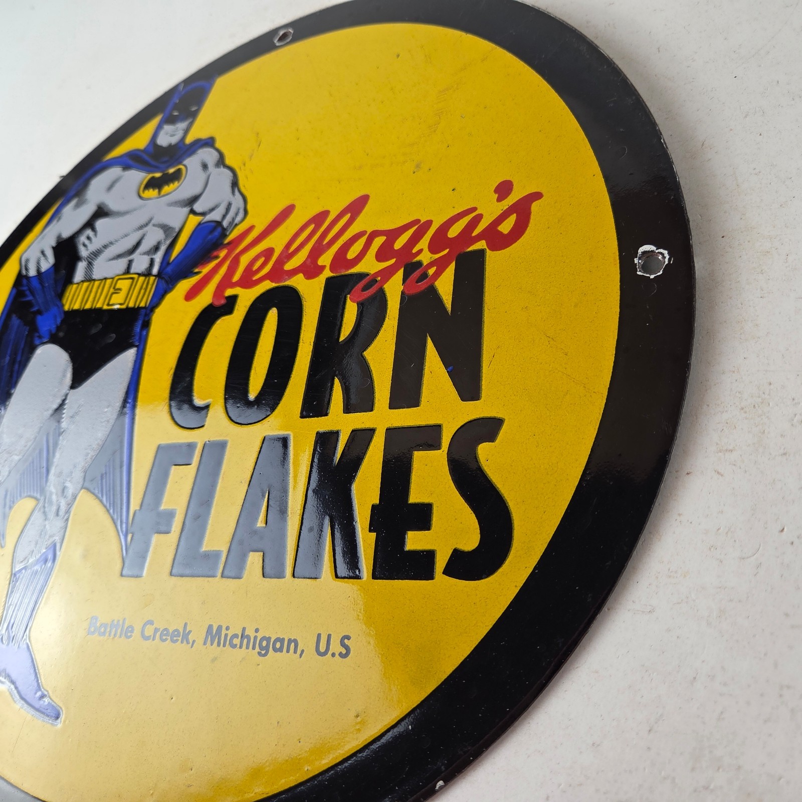 Vintage Kelloggs Sign – Corn Flakes Porcelain Batman Cereal Breakfast Gas Sign