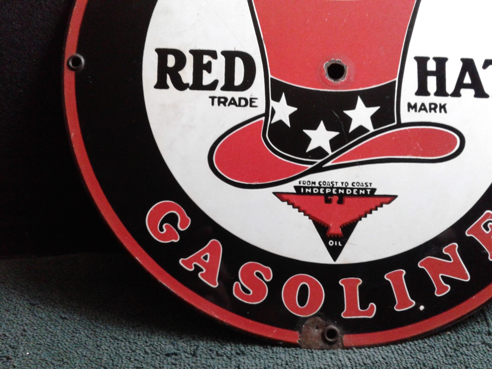 Contemporary Tri- Star Gasoline Red Hat Trade Mark Round Pump Plate Sign 11-1/4″