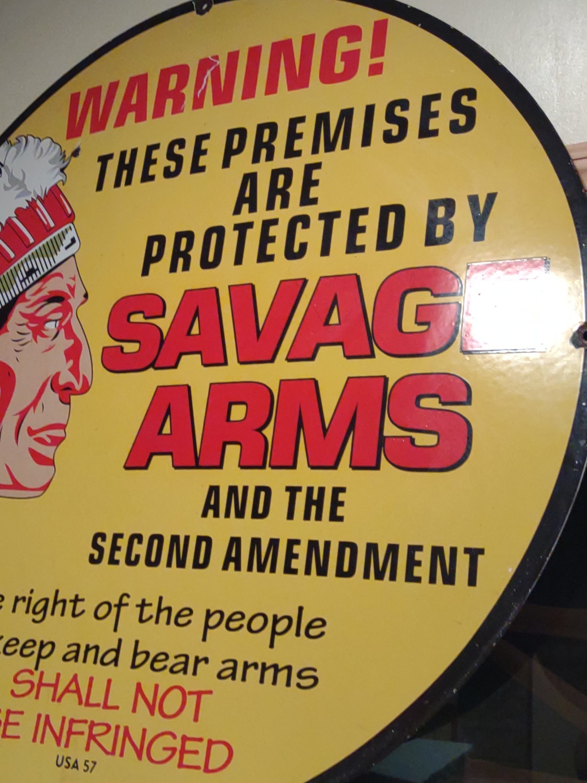 VINTAGE LARGE SAVAGE ARMS THE 2ND AMENDMENT 30” PORCELAIN AMMO GUN DEALER SIGN