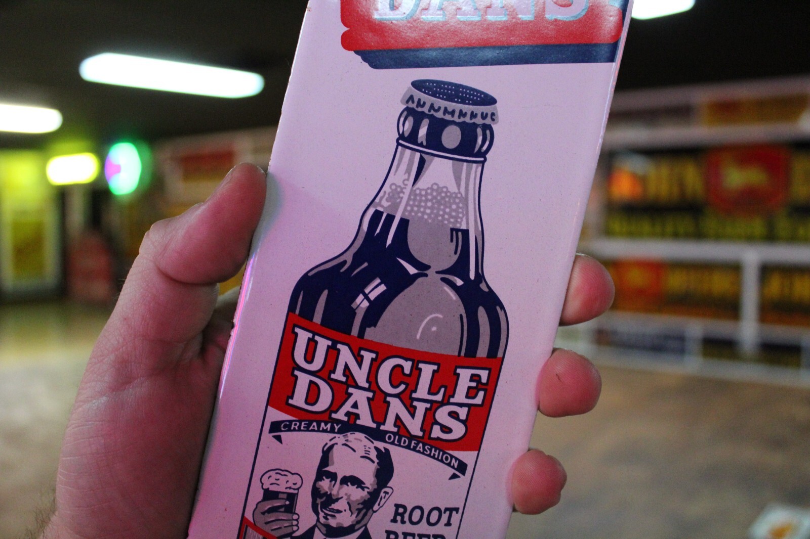 DRINK UNCLE DANS ROOT BEER SODA POP DEALER PORCELAIN METAL SIGN COKE COLA