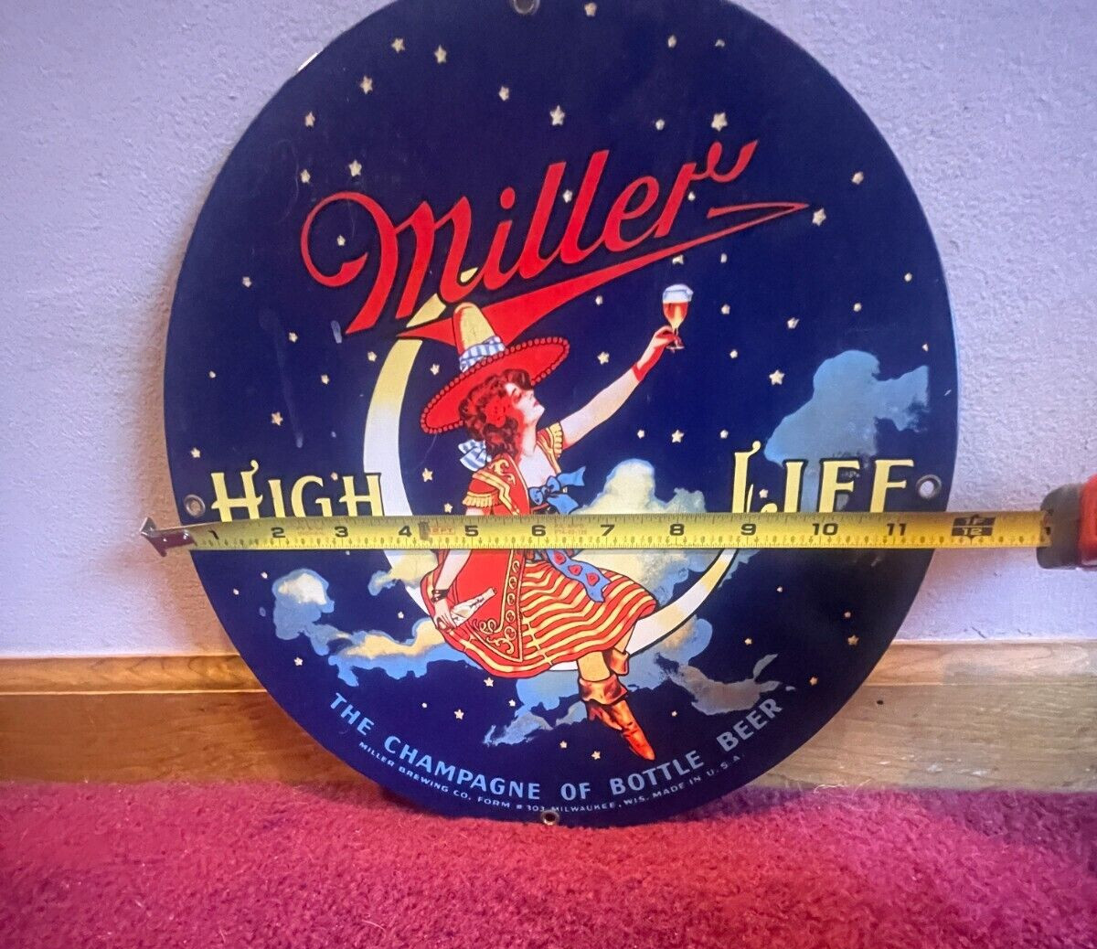 11 in MILLER HIGH LIFE BEER ADVERTISING SIGN DIE CUT METAL PORCELAIN S 279 C