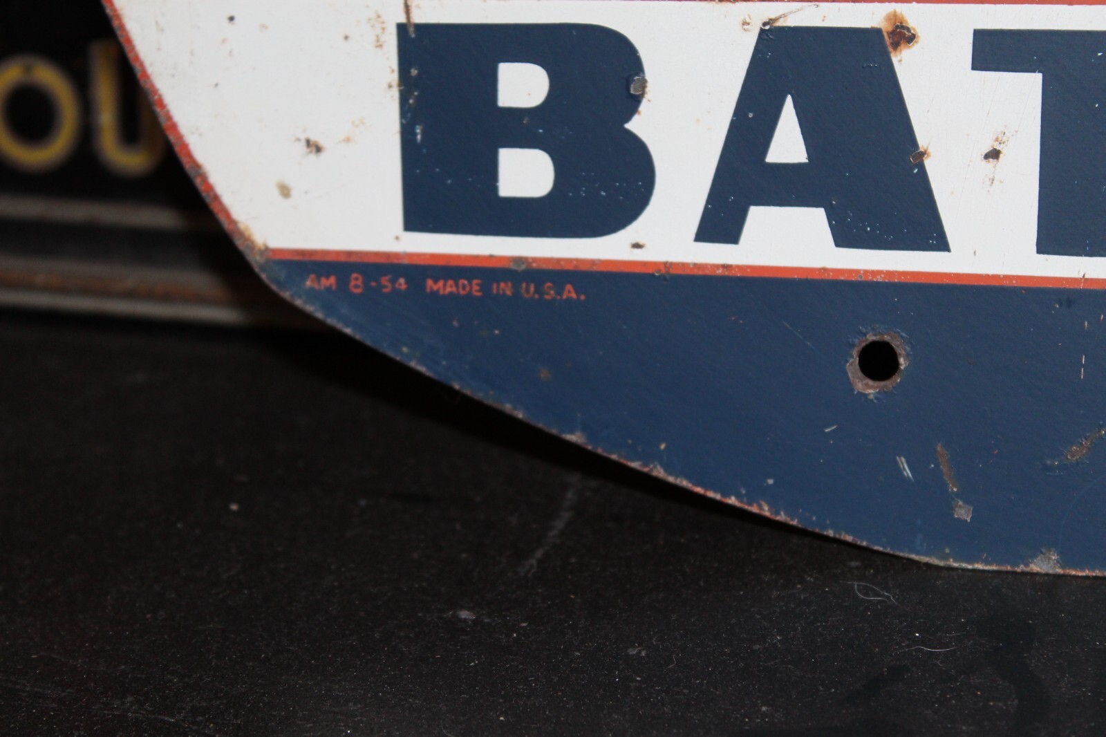 SCARCE 1954 DELCO BATTERIES 2-SIDED PAINTED METAL DEALER SIGN GMC CHEVY GAS OIL