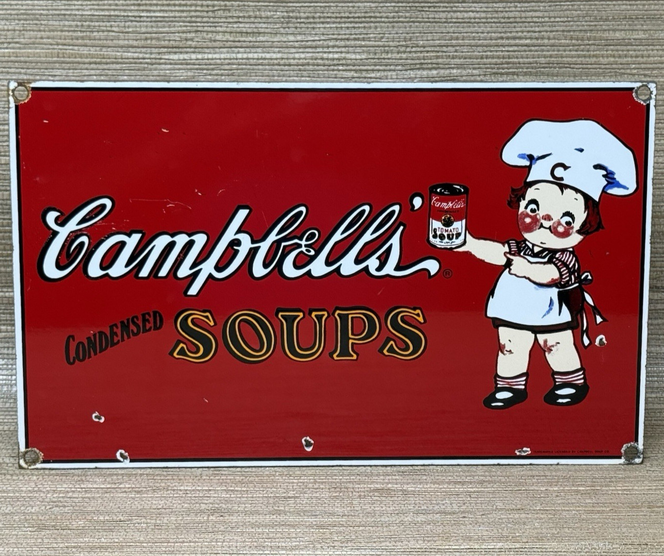 VINTAGE CAMPBELL’S SOUP PORCELAIN SIGN CRACKER GAS STATION GROCERY STORE OIL