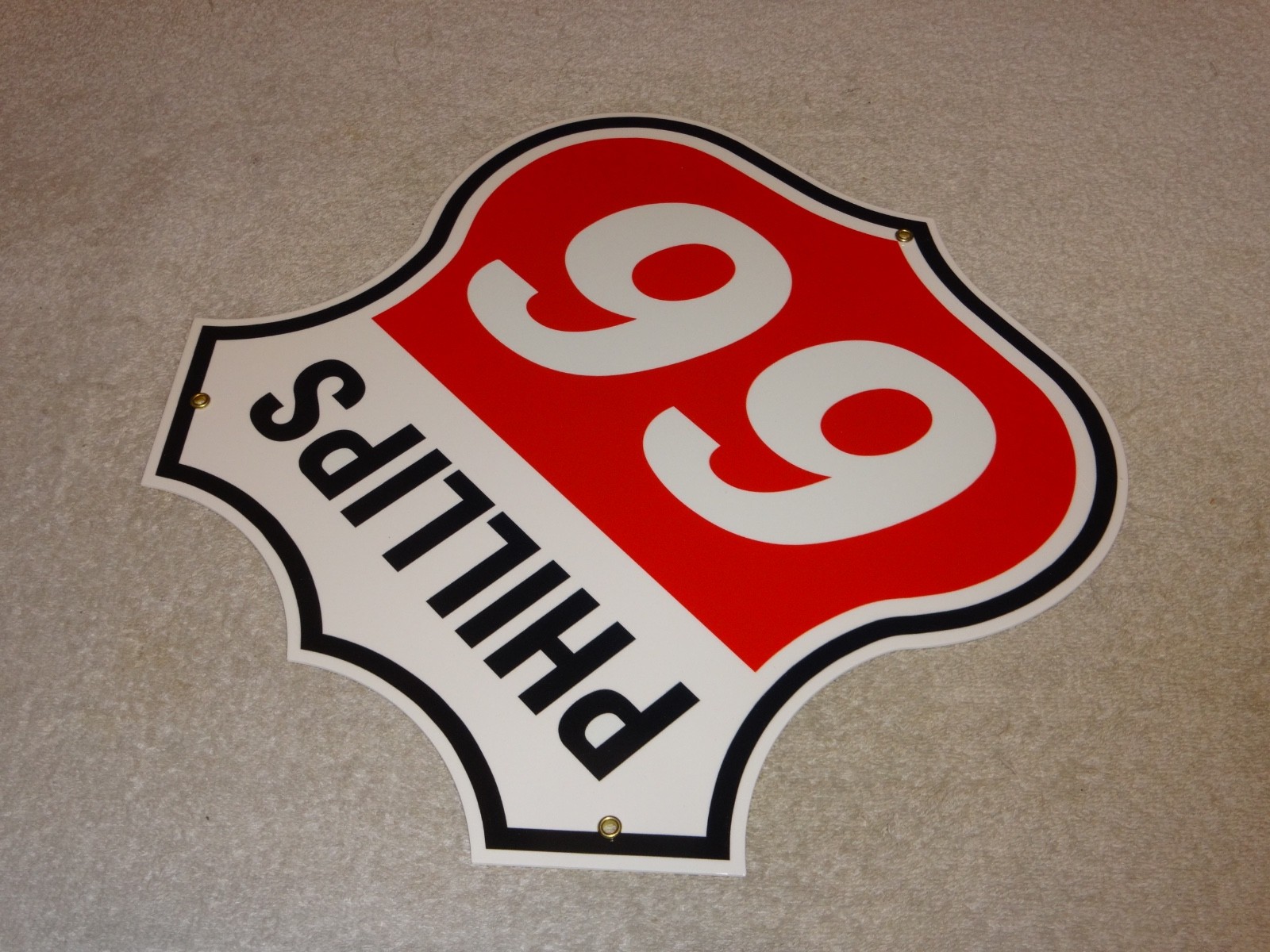 VINTAGE PHILLIPS 66 RED BLACK WHITE 12″ PORCELAIN METAL SHIELD GASOLINE OIL SIGN