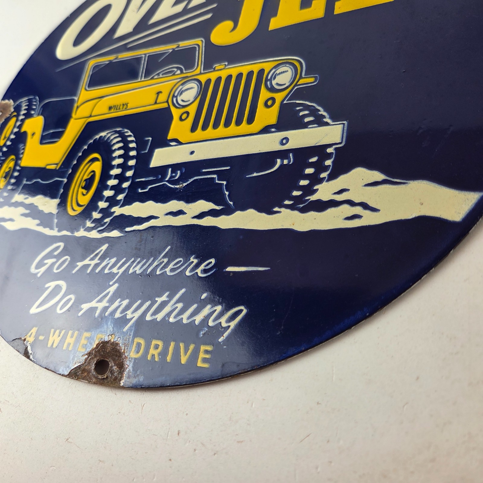 Vintage Willys Overland Jeep Vehicles Sign – Go Anywhere Gas Pump Porcelain Sign