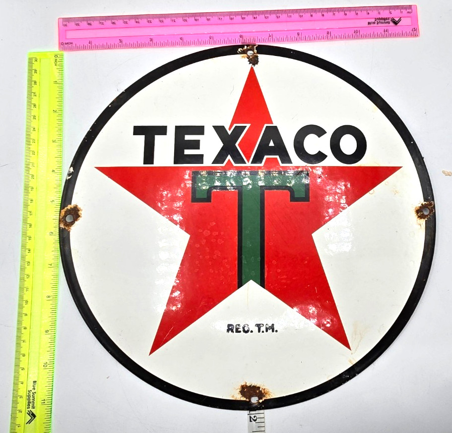 VINTAGE GENUINE TEXACO PORCELAIN SIGN PUMP PLATE GAS STATION OIL 12″ x 12″