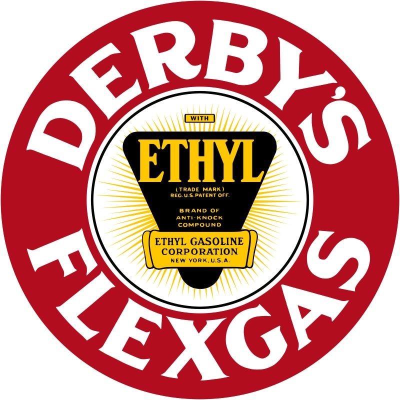 DERBY Flexgas Gasoline with Ethyl NEW Sign 28″ Dia. Round AMERICAN STEEL