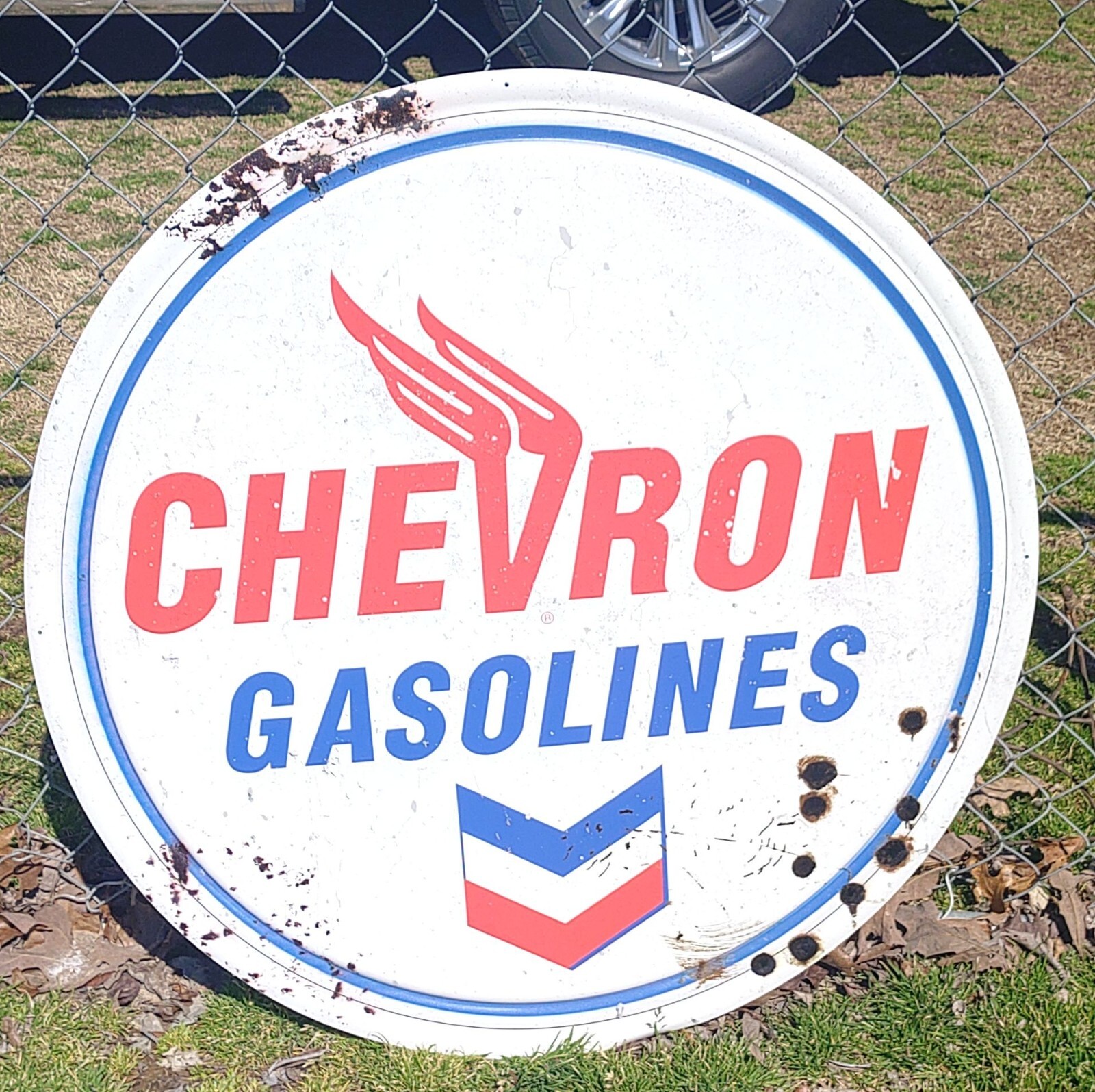 Chevron Gasoline 36″ Round Metal Sign Distressed Style Reproduction Man Cave