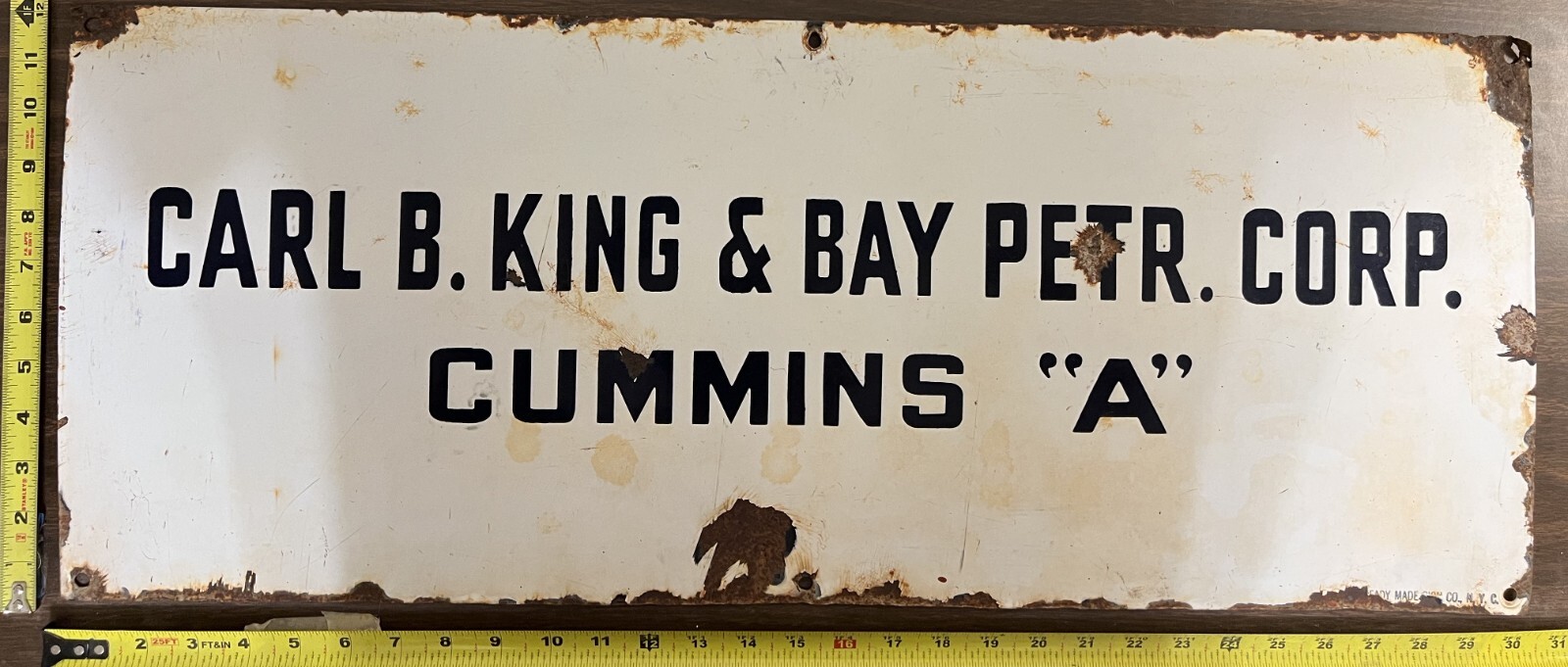 Vintage Porcelain Oil Field Sign – Carl B. King & Bay Petroleum Corp. Cummins A.
