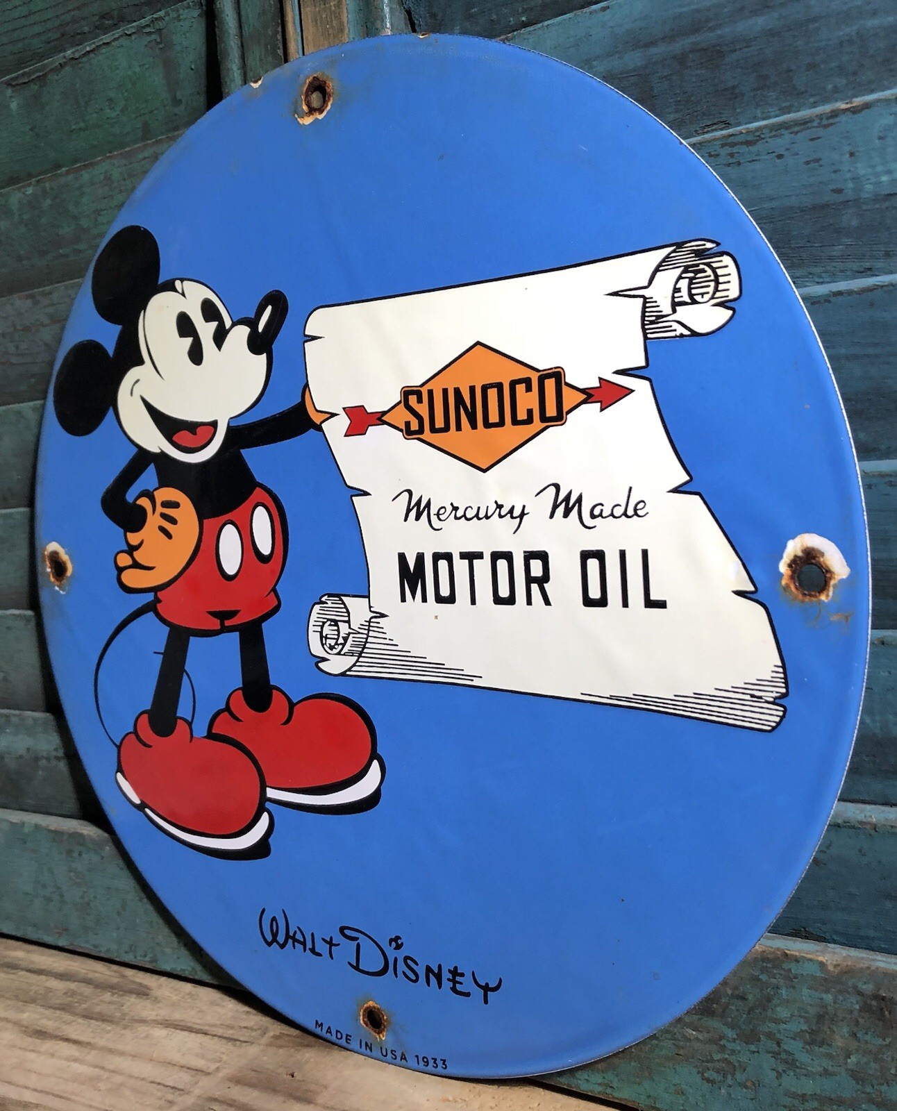 VINTAGE 1933 DATED SUNOCO DISNEY MICKEY MOUSE 12” PORCELAIN SIGN GAS MOTOR OIL
