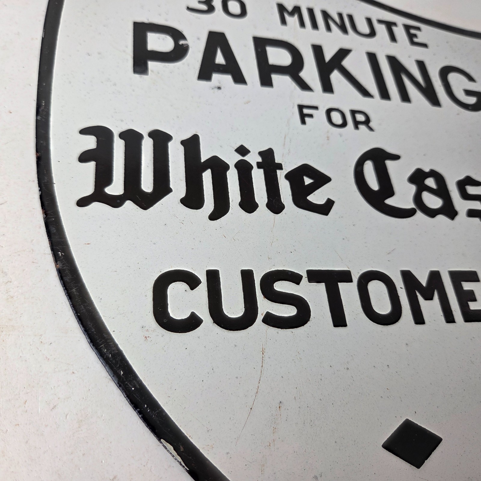 Vintage No Parking Sign – White Castle Fast Food Gas Pump Shield Porcelain Sign