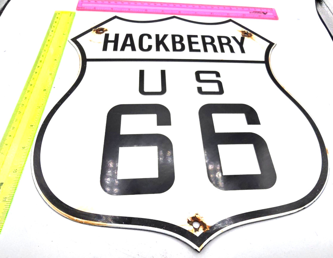 VINTAGE US ROUTE 66 HACKBERRY PORCELAIN METAL HIGHWAY SIGN GAS OIL ROAD SHIELD