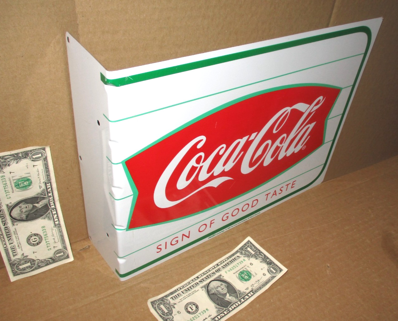 COCA-COLA Coke – FISHTAIL Two Sided Flange Sign -STICKS OUT FROM WALL -Dated ’99