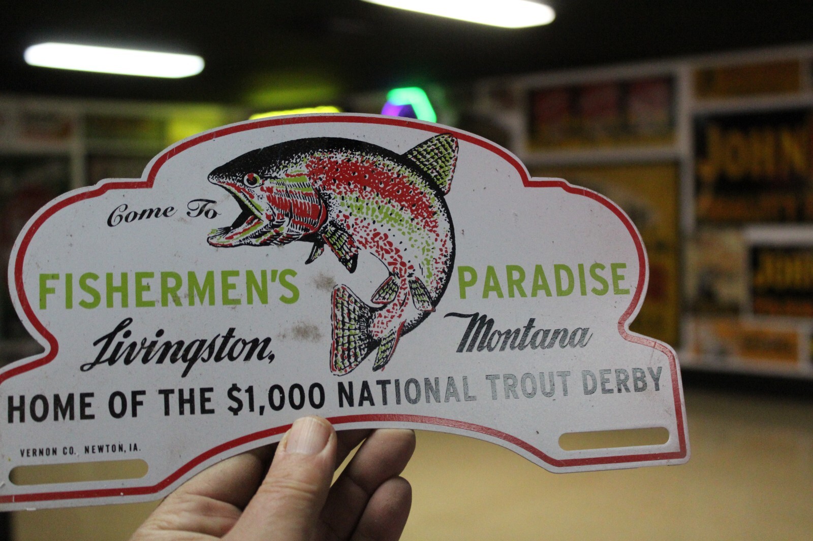 RARE 1950s FISHERMEN PARADE LIVINGSTON MONTANA TROUT DERBY PAINTED METAL SIGN