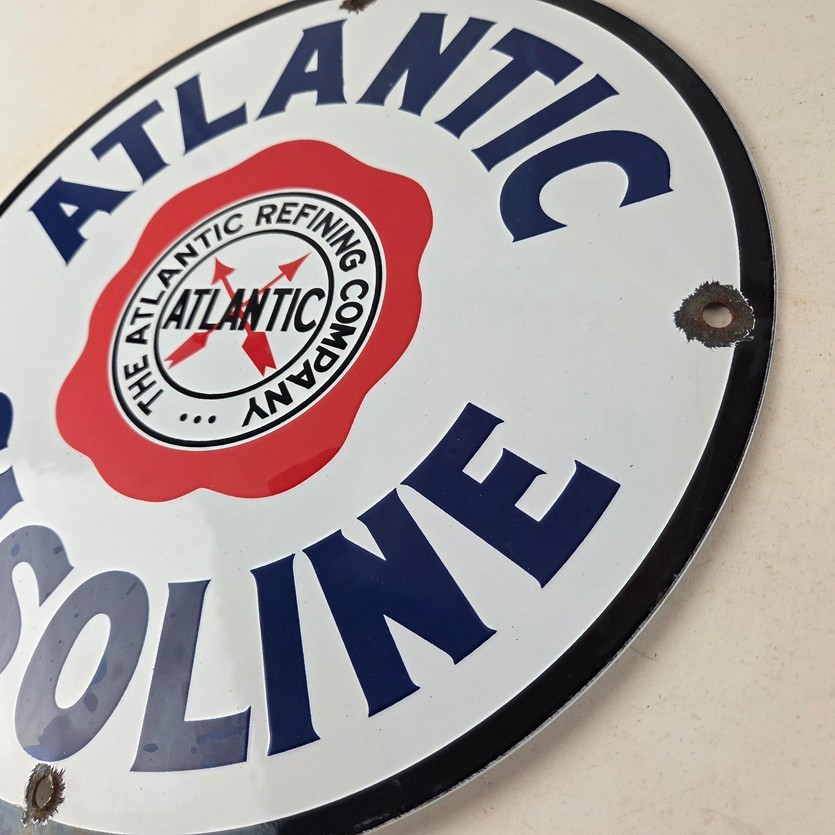 Vintage Atlantic Gasoline Sign – Gas Service Station Pump Porcelain Sign