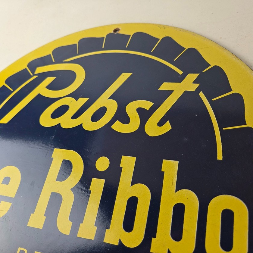 Vintage Pabst Blue Ribbon Sign – Alcohol Beer Brewing Gas Pump Porcelain Sign