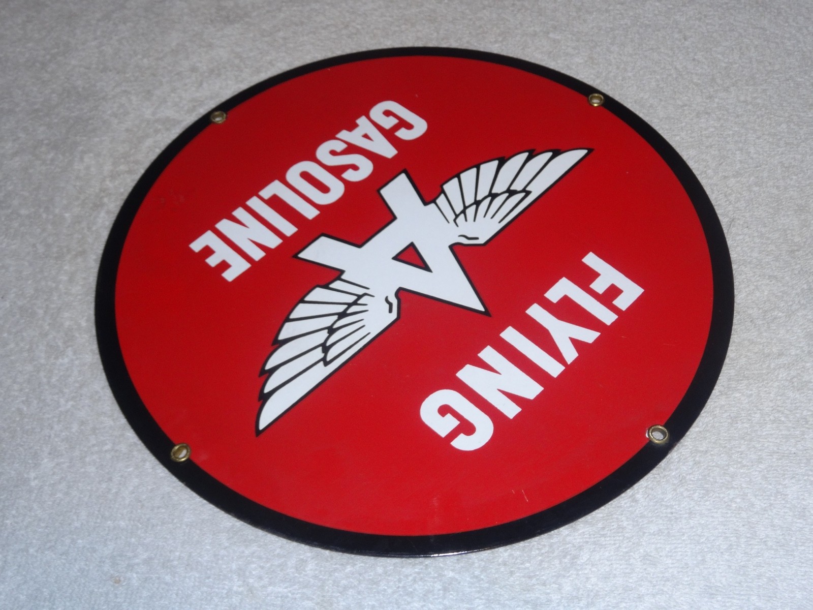 VINTAGE FLYING A GASOLINE “A” WITH WINGS 11″ PORCELAIN METAL OIL PUMP PLATE SIGN