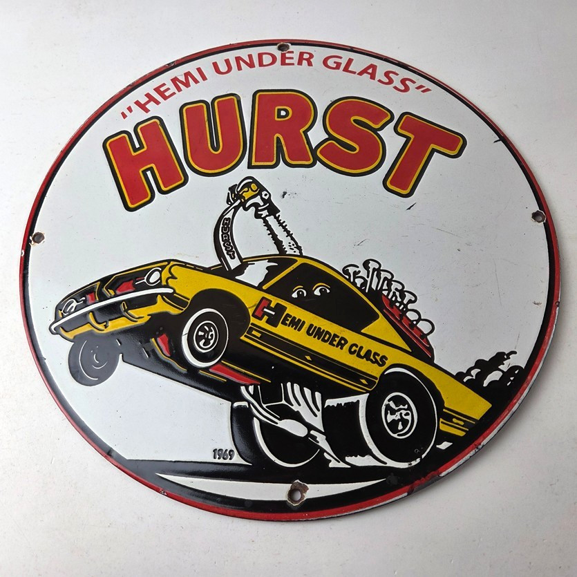 Vintage Plymouth Barracuda Sign – Hurst Hemi Engine Auto Gas Pump Porcelain Sign