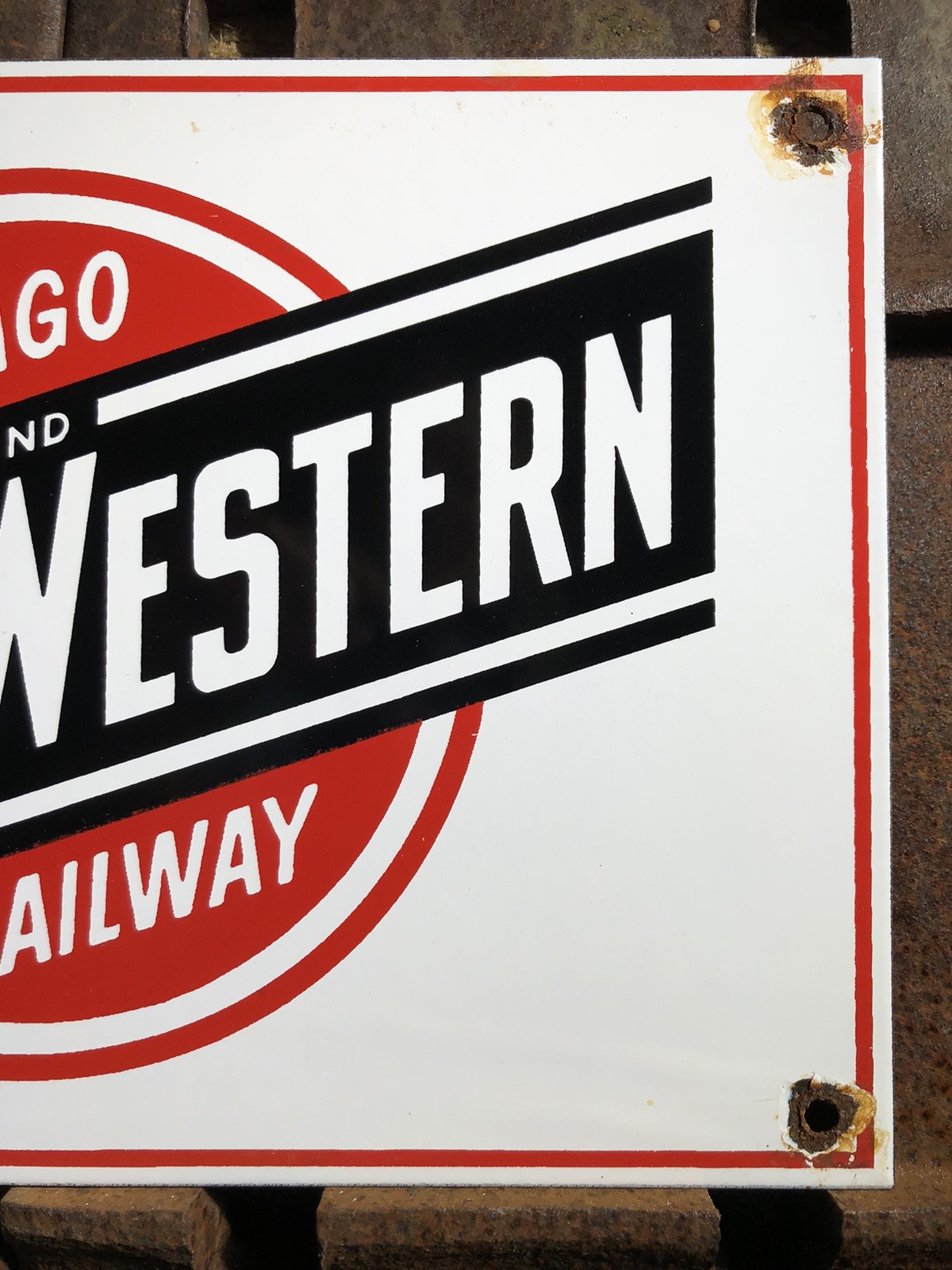 VINTAGE CHICAGO NORTH WESTERN RAILWAY 12” PORCELAIN SIGN TRAINS RAILROAD GAS OIL