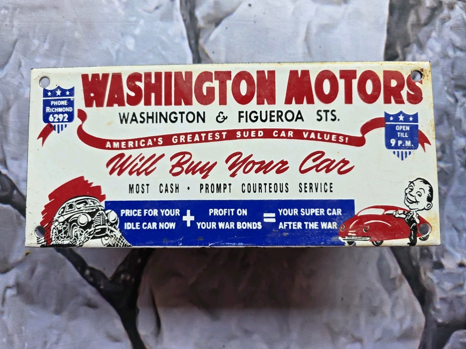 VINTAGE WASHINGTON MOTORS USED CARS PORCELAIN SIGN MOTOR OIL AUTO SALES 10″X4.5
