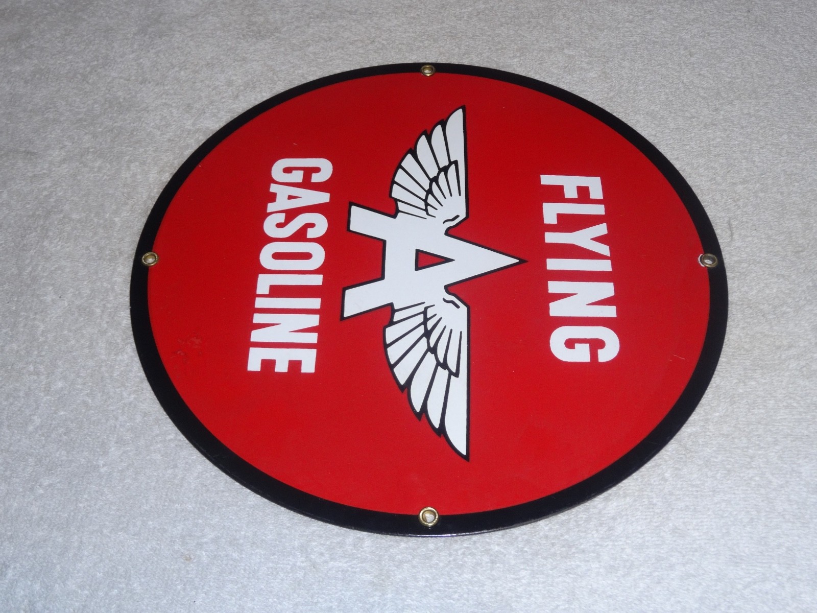 VINTAGE FLYING A GASOLINE “A” WITH WINGS 11″ PORCELAIN METAL OIL PUMP PLATE SIGN