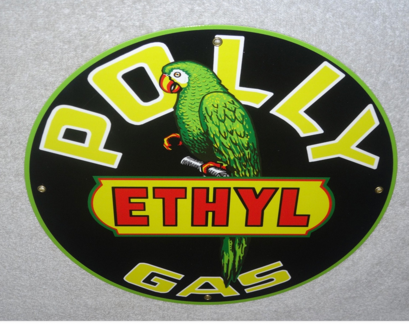 VINTAGE POLLY ETHYL GAS 🦜 PARROT BIRD OIL 11 3/4″ PORCELAIN METAL GASOLINE SIGN