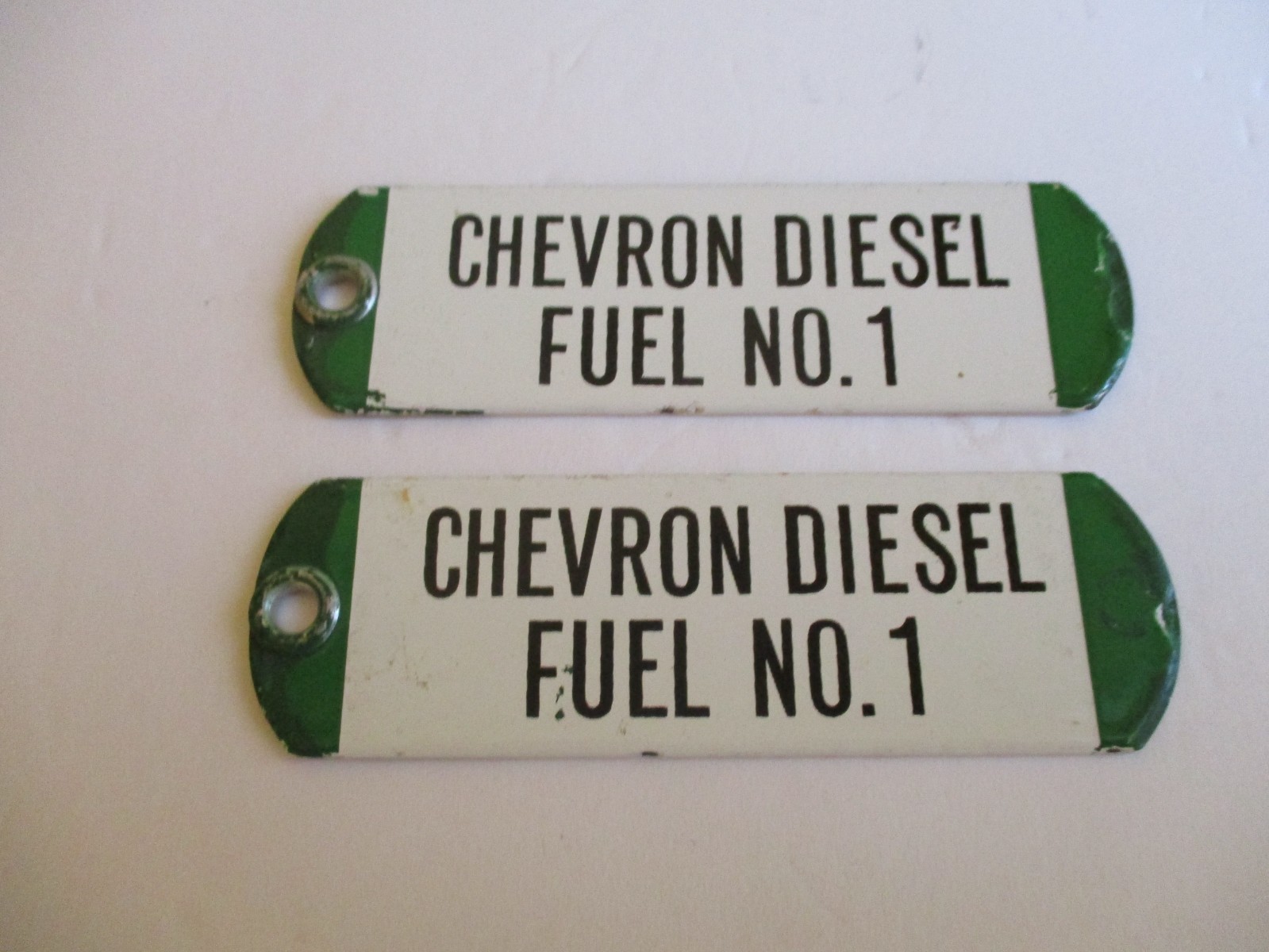 2 VINTAGE GAS STATION TANK OR GAS PUMP PORCELAIN TAGS CHEVRON DIESEL FUEL NO.1