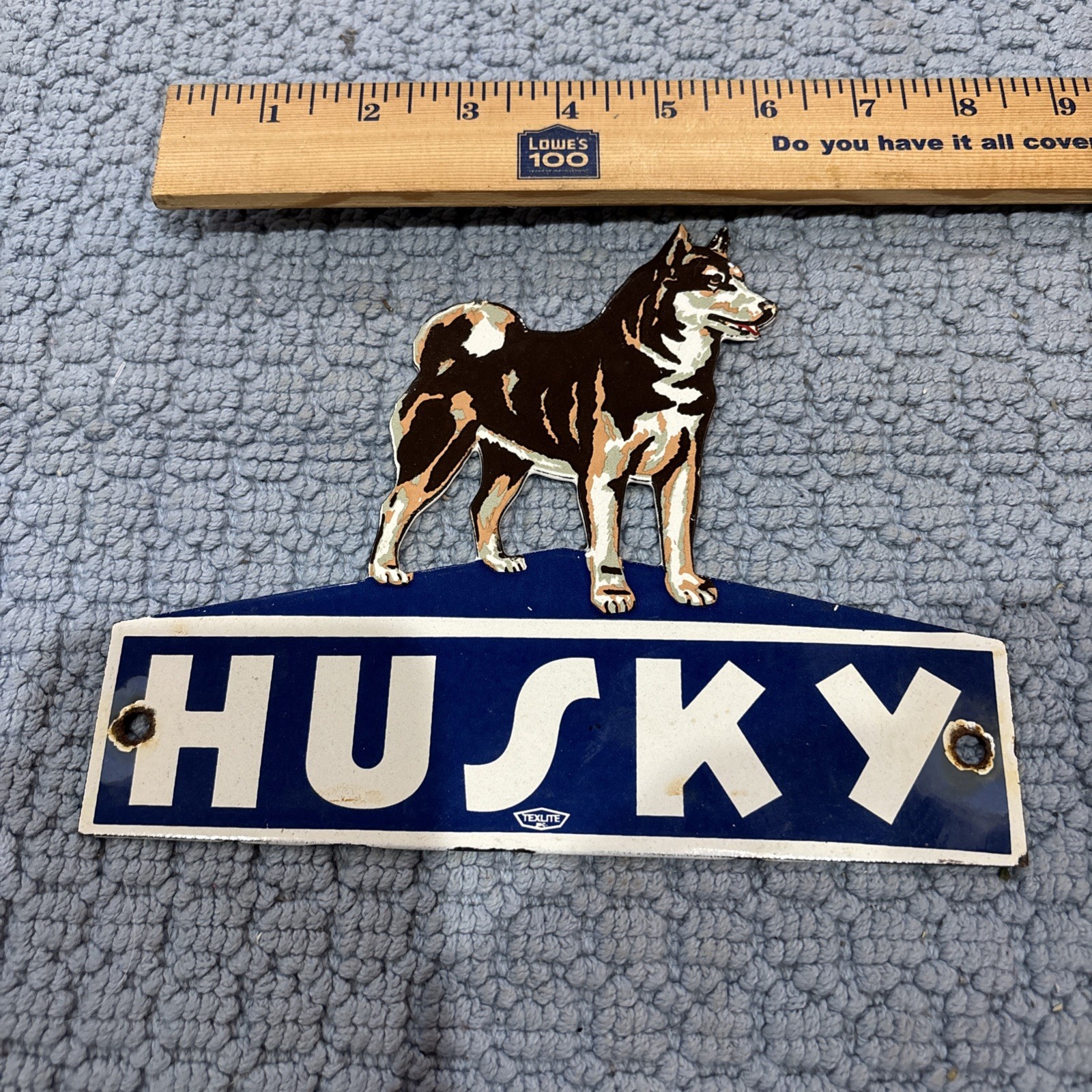Vintage HEAVY STEEL Enamel Husky Tires Advertising Sign 8” A1