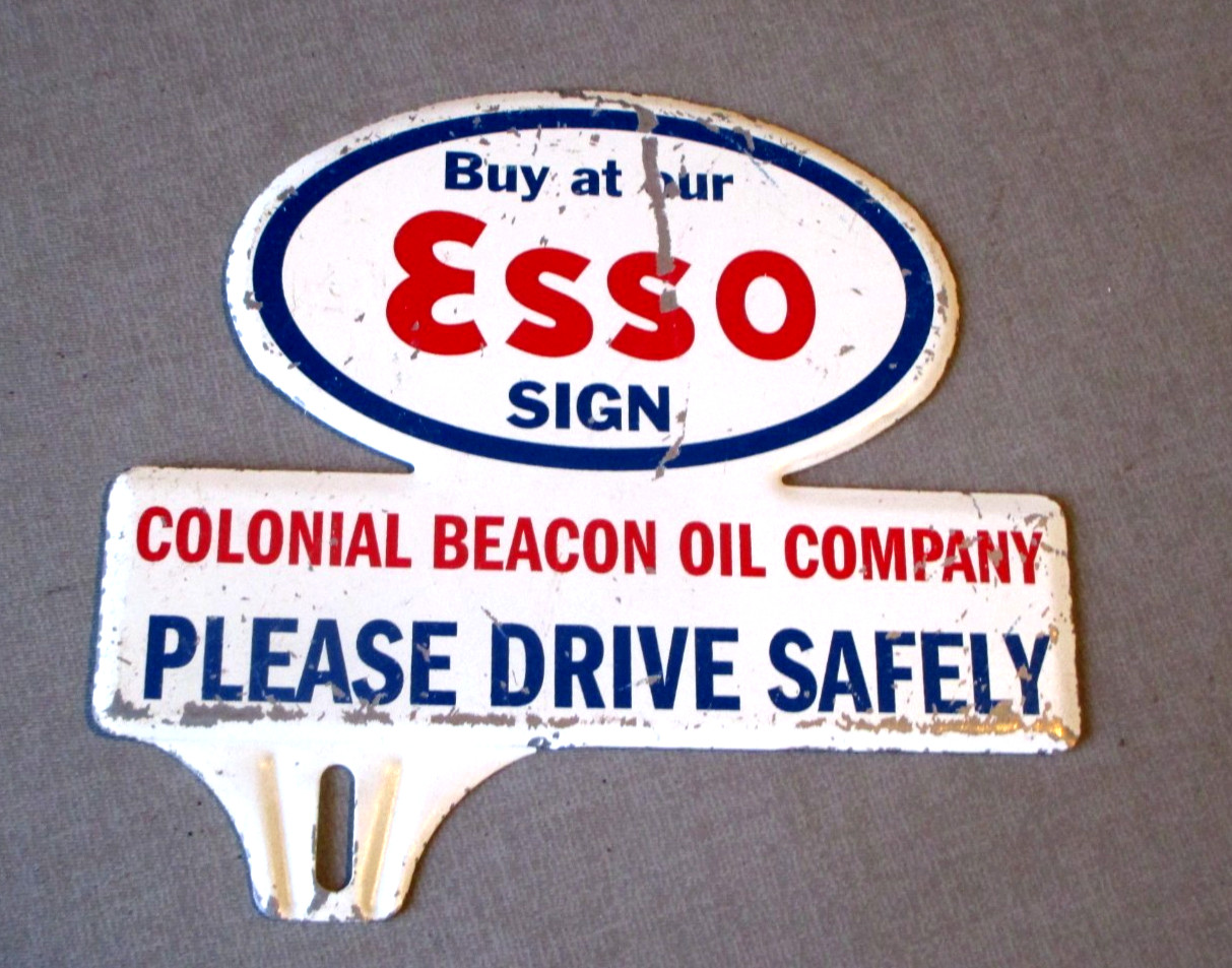 1950-ESSO SIGN-COLONIAL BEACON OIL COMPANY-METAL LICENSE TOPPER-ORG GAS STATION