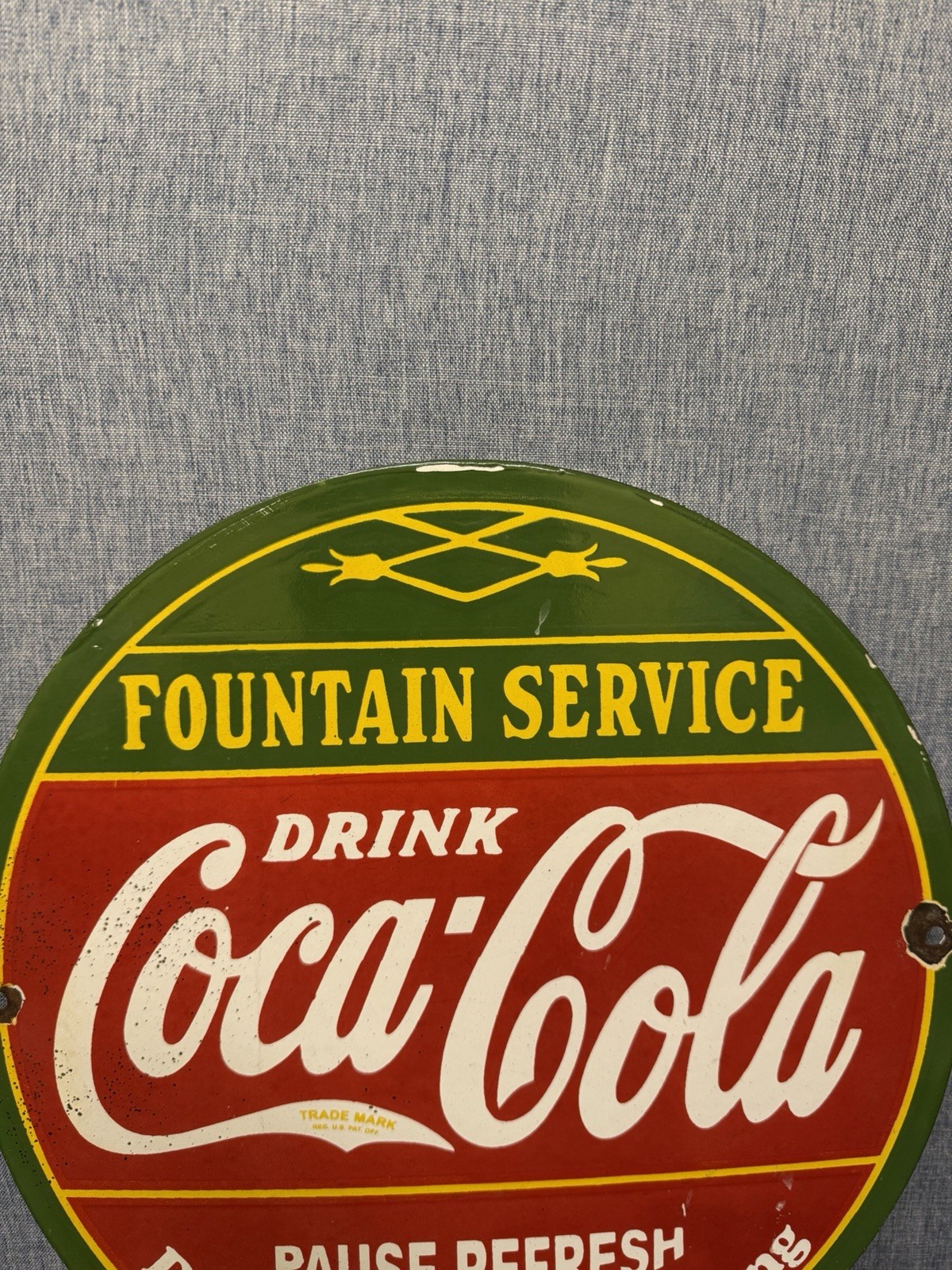 Vintage Coca Cola Fountain Service Porcelain Enamel Sign.