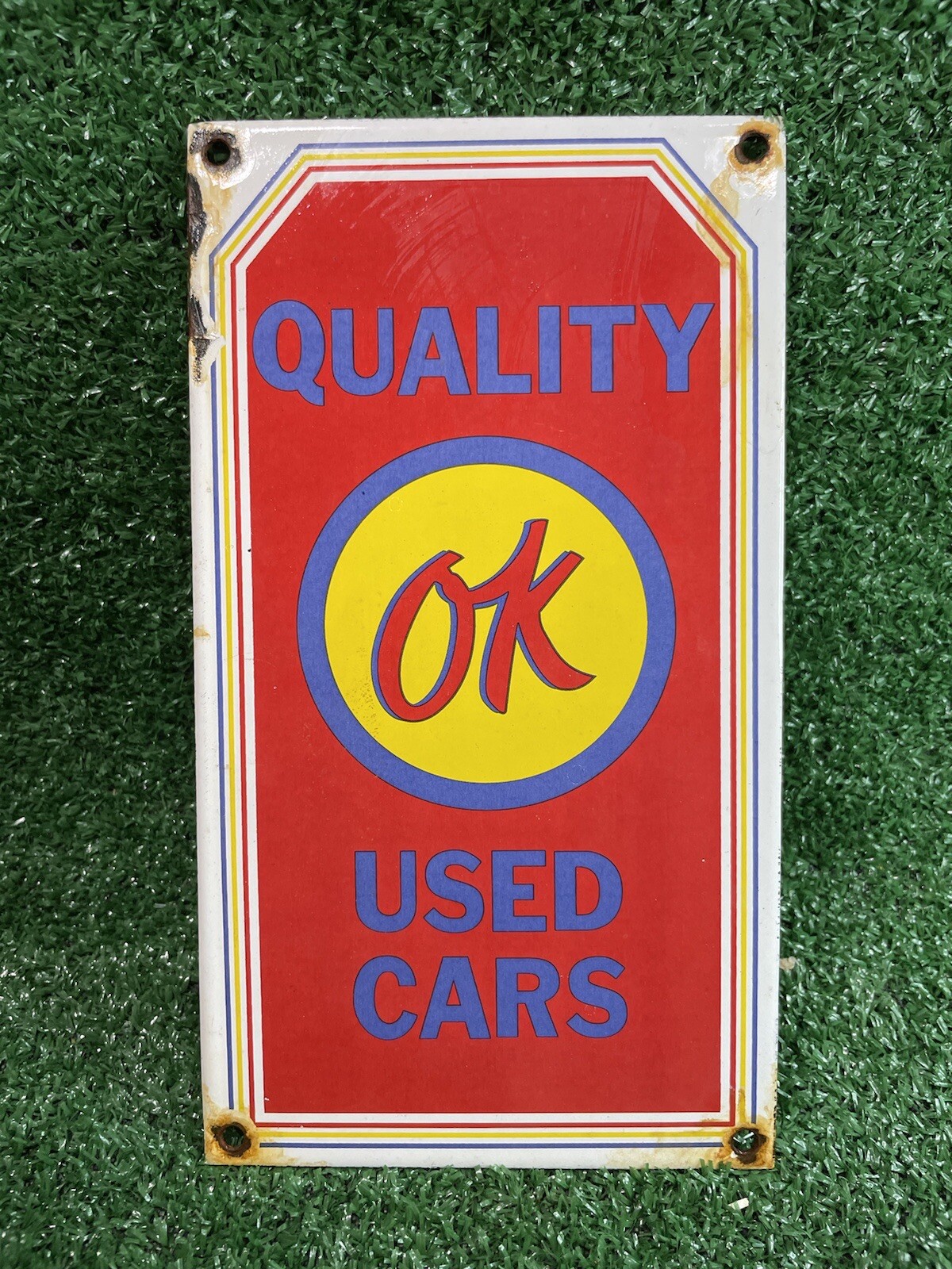 VINTAGE QUALITY OK USED CARS PORCELAIN SIGN DEALERSHIP GAS OIL SERVICE STATION